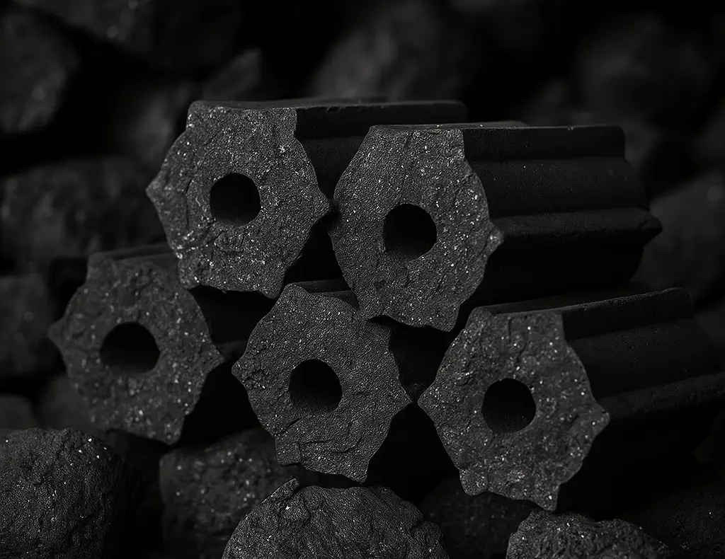 Hexagonal BBQ coconut charcoal briquettes with porous honeycomb structure for excellent airflow and heat distribution in outdoor grilling