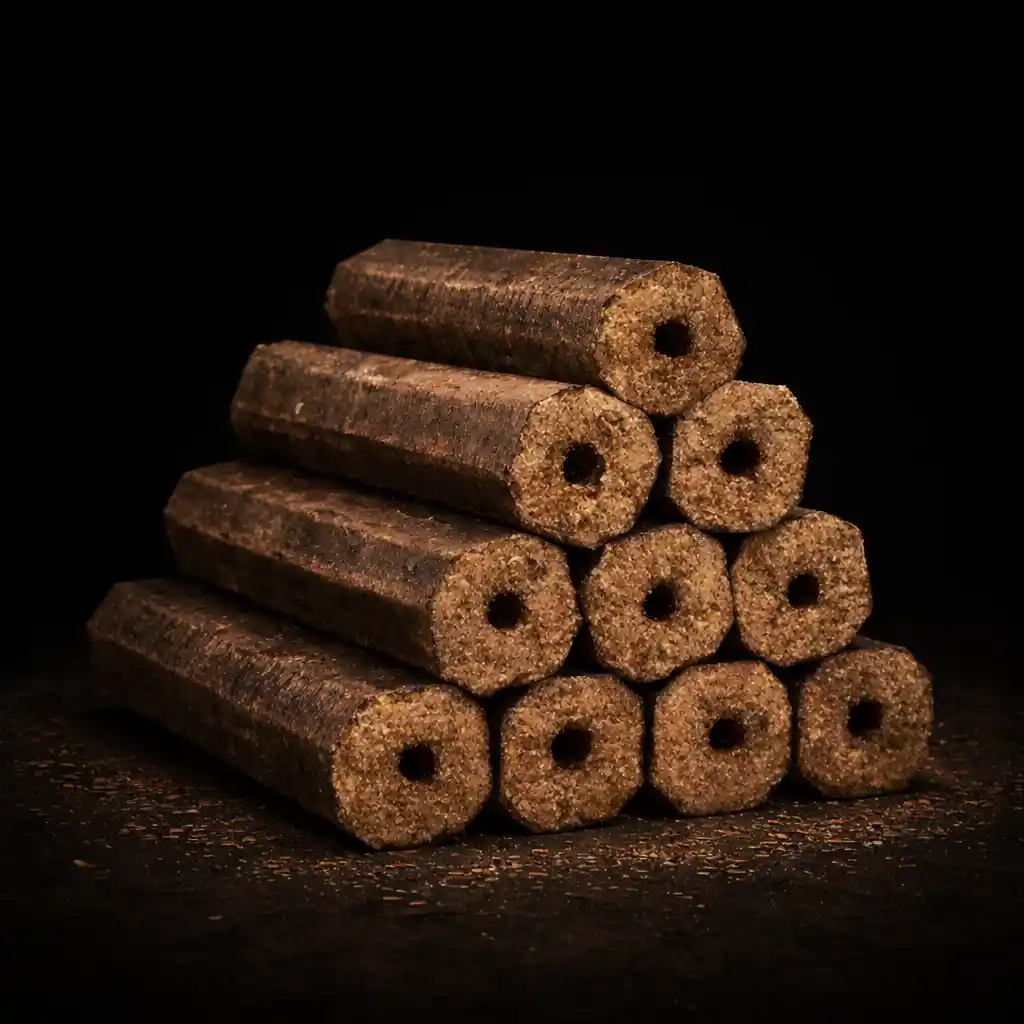 High quality sawdust briquettes for industrial and home heating applications made from compressed hardwood sawdust